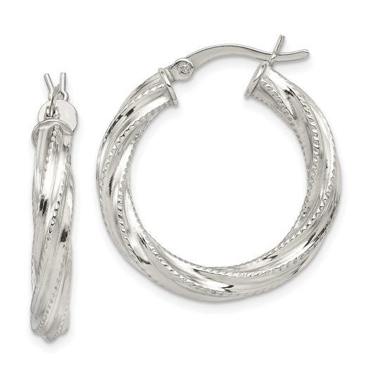 Sterling Silver Rhod-Plated Patterned Twisted 4X25mm Hoop Earrings