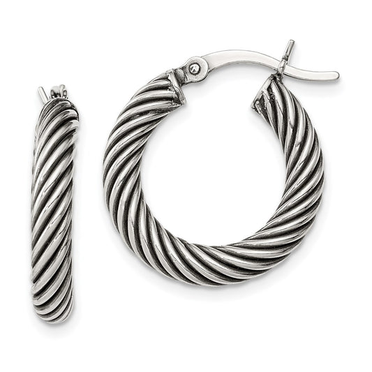 Sterling Silver Antiqued 3.25X20mm Twisted Hoop Earrings