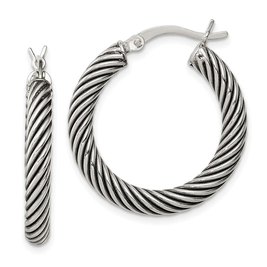 Sterling Silver Antiqued 3.25X25mm Twisted Hoop Earrings