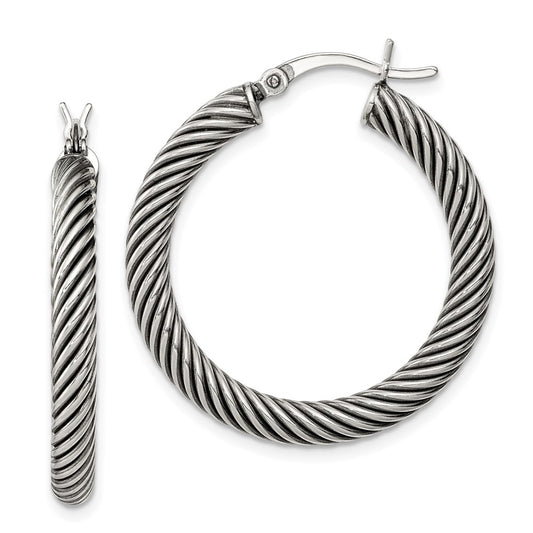 Sterling Silver Antiqued 3.25X30mm Twisted Hoop Earrings