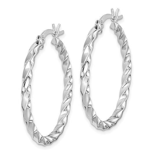Sterling Silver Rhodium-Plated Twisted 3X30mm Hoop Earrings