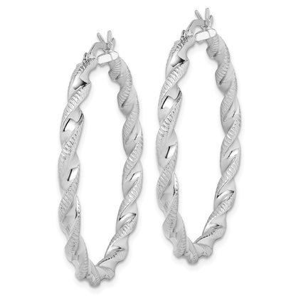 Sterling Silver Rhodium Plated Twisted 3.5X40mm Hoop Earrings