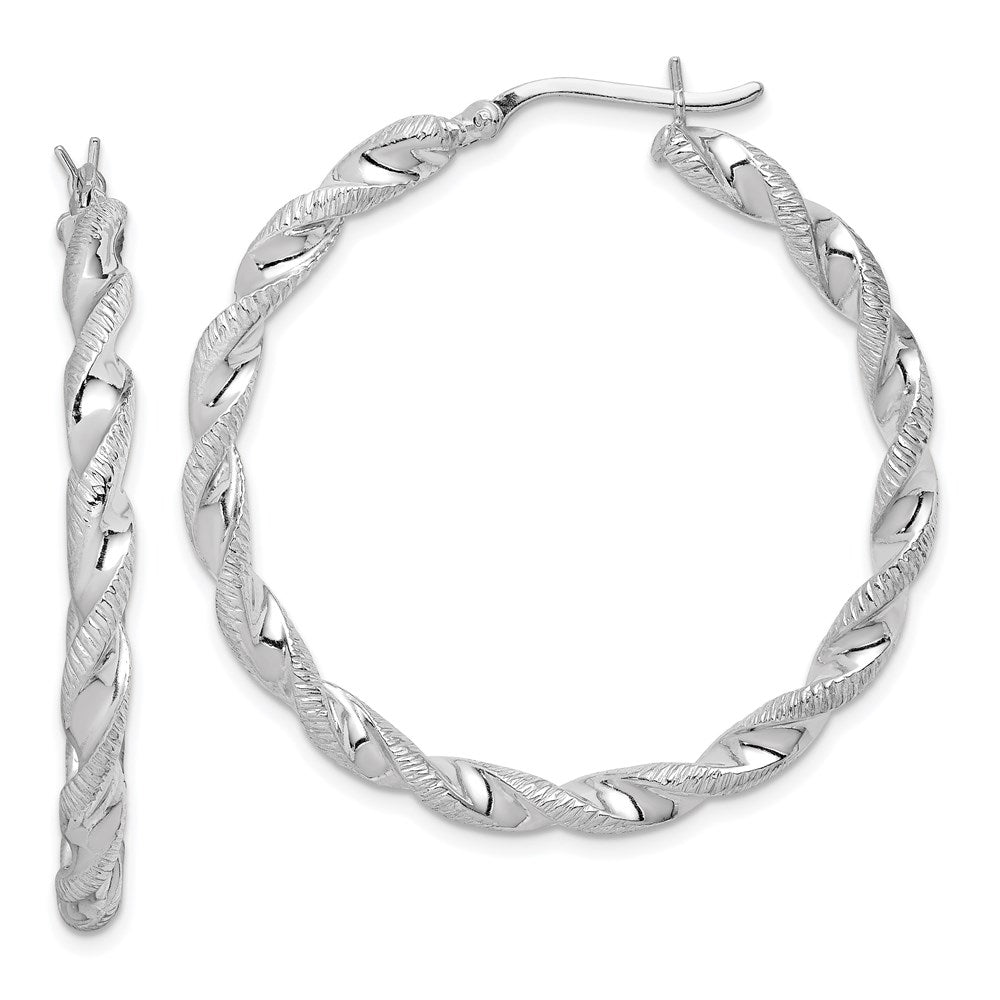 Sterling Silver Rhodium Plated Twisted 3.5X40mm Hoop Earrings