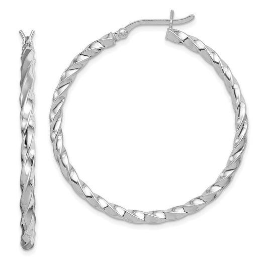 Sterling Silver Rhodium-Plated Twisted 3X40mm Hoop Earrings