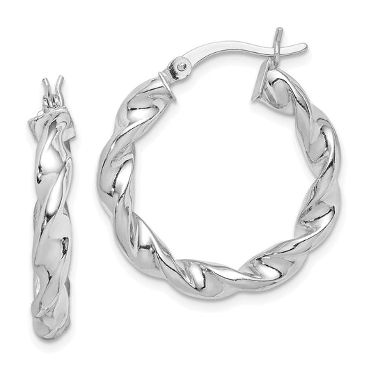 Sterling Silver Rhodium Plated Twisted 3.5X25mm Hoop Earrings