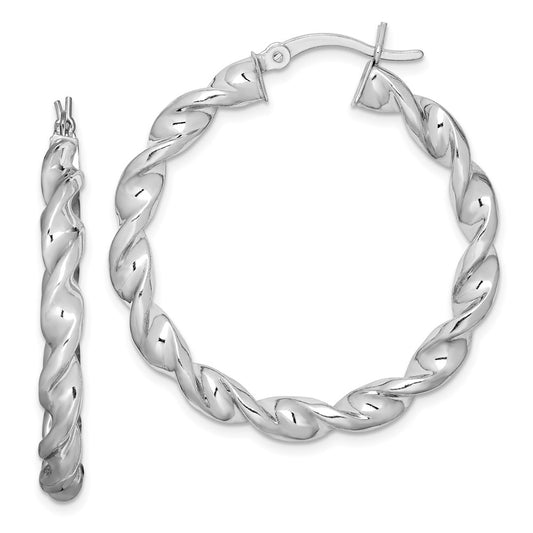 Sterling Silver Rhodium Plated Twisted 3.5X35mm Hoop Earrings