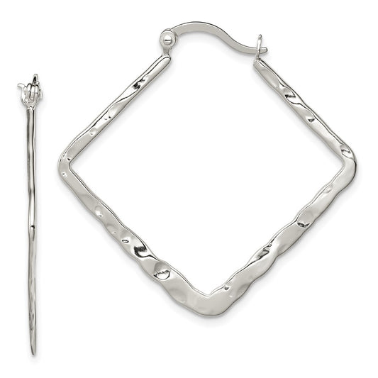 Sterling Silver Rhod-Pltd Polished/Hammered Square Hoop Earrings