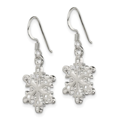 Sterling Silver Polished / Satin Cz Snowflake Dangle Earrings