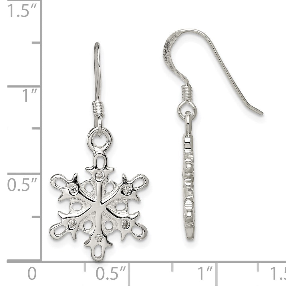Sterling Silver Polished / Satin Cz Snowflake Dangle Earrings