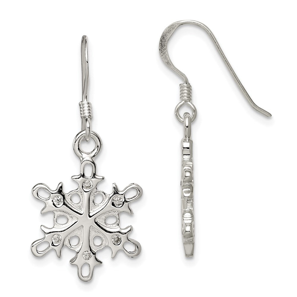Sterling Silver Polished / Satin Cz Snowflake Dangle Earrings