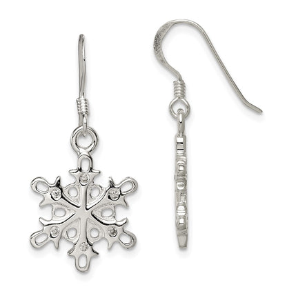 Sterling Silver Polished / Satin Cz Snowflake Dangle Earrings