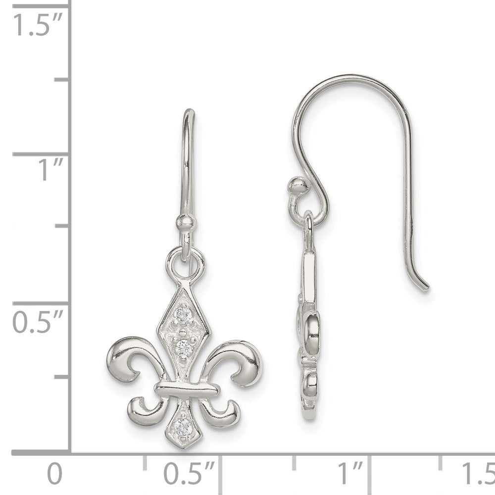 Sterling Silver Polished Cz Fleur De Lis Dangle Earrings