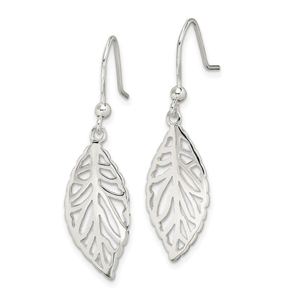 Sterling Silver Rhodium-Plated Polished Leaf Dangle Earrings