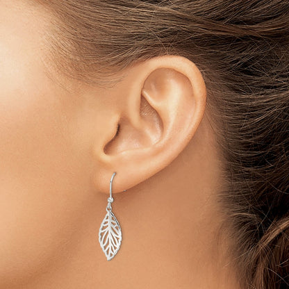 Sterling Silver Rhodium-Plated Polished Leaf Dangle Earrings