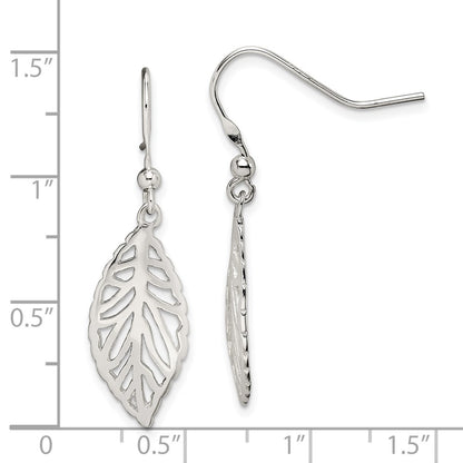 Sterling Silver Rhodium-Plated Polished Leaf Dangle Earrings