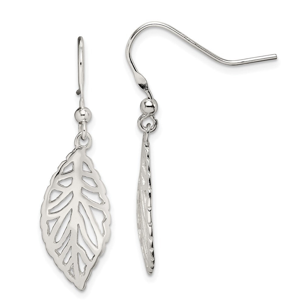 Sterling Silver Rhodium-Plated Polished Leaf Dangle Earrings