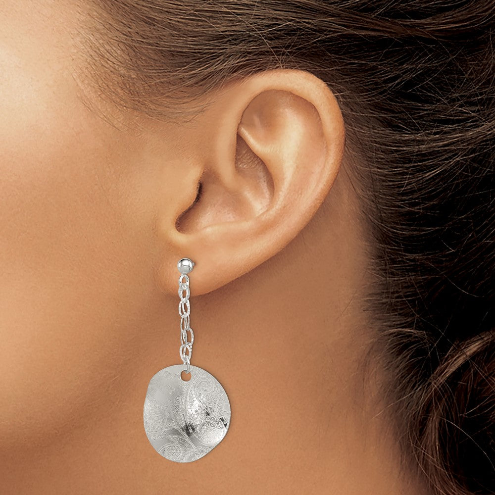 Sterling Silver Polished & Textured Fancy Circle Post Dangle Earrings