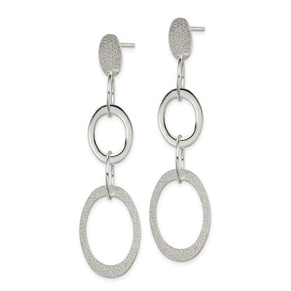 Sterling Silver Polished & Textured Circle Oval Links Post Dangle Earring