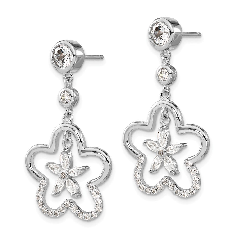 Sterling Silver Polished Cz Flower Post Dangle Earrings