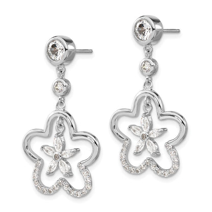 Sterling Silver Polished Cz Flower Post Dangle Earrings