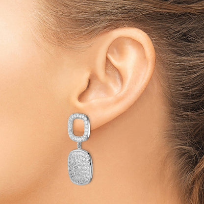 Sterling Silver Cz 2-Squares Post Dangle Earrings