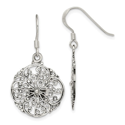Sterling Silver Polished & Antiqued Filigree Circle Dangle Earrings