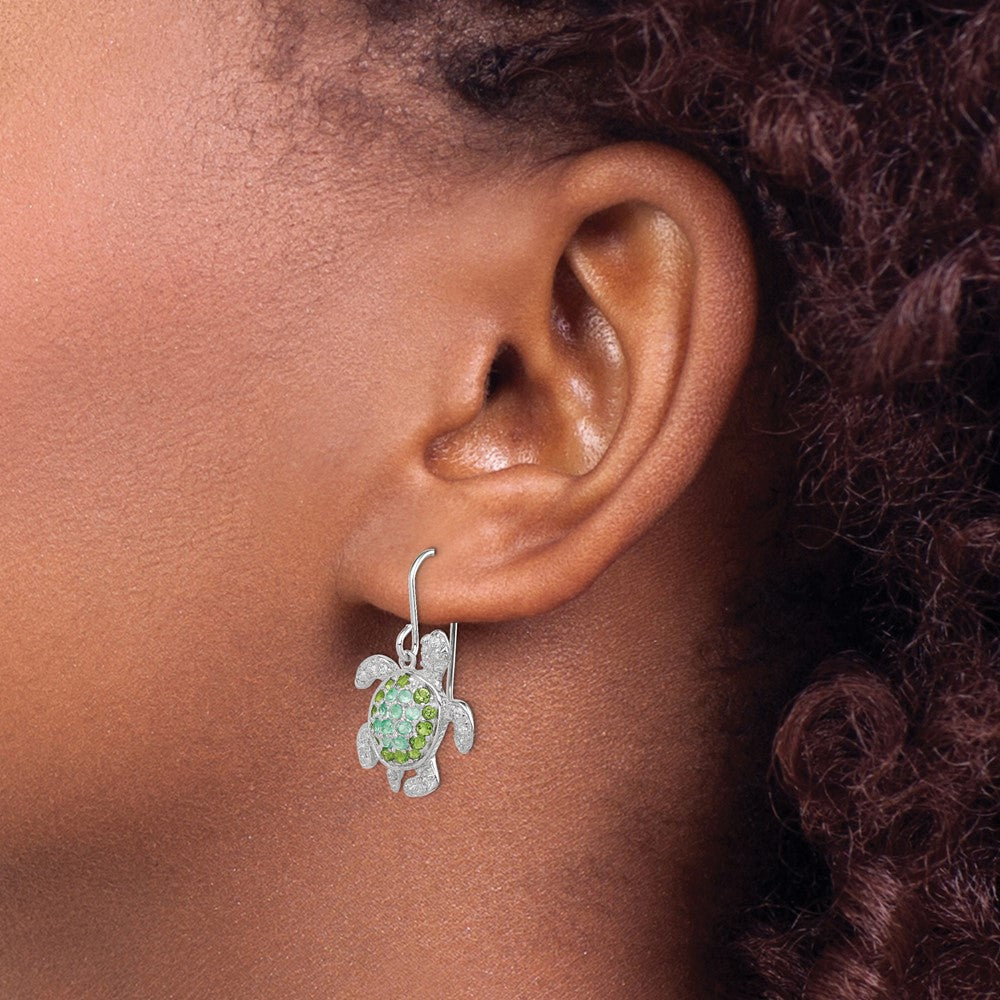 Sterling Silver Rhodium-Plated Multi Cz Turtle Dangle Earrings