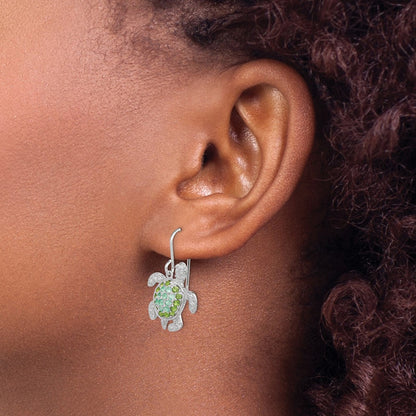Sterling Silver Rhodium-Plated Multi Cz Turtle Dangle Earrings