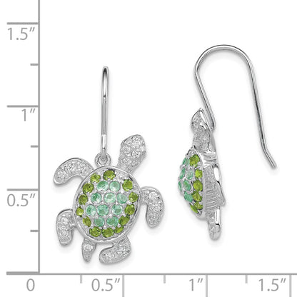 Sterling Silver Rhodium-Plated Multi Cz Turtle Dangle Earrings