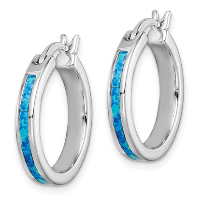 Sterling Silver Rhod-Plated Created Blue Opal Inlay Round Hoop Earrings