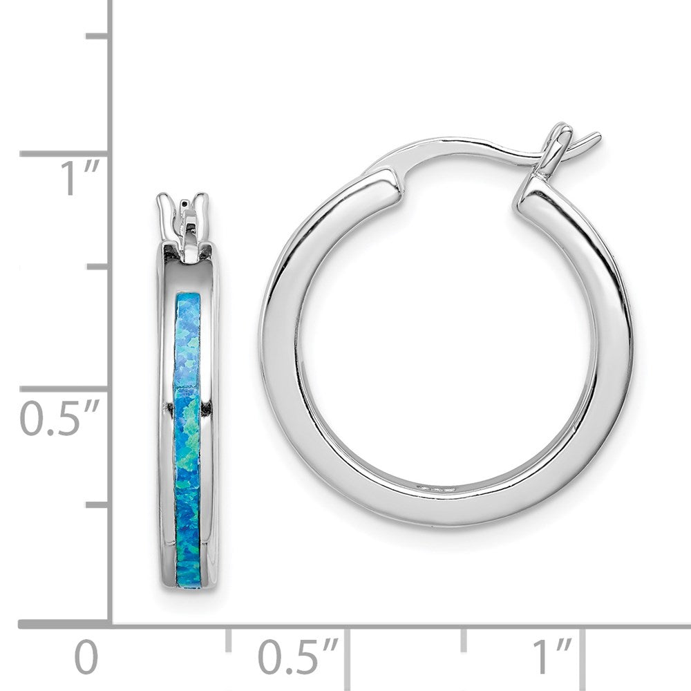Sterling Silver Rhod-Plated Created Blue Opal Inlay Round Hoop Earrings