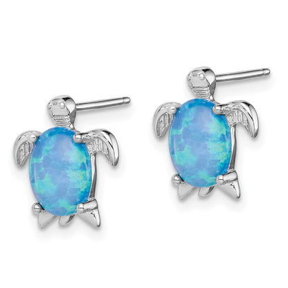 Sterling Silver Rhodium-Plated Created Opal Polished Turtle Post Earrings