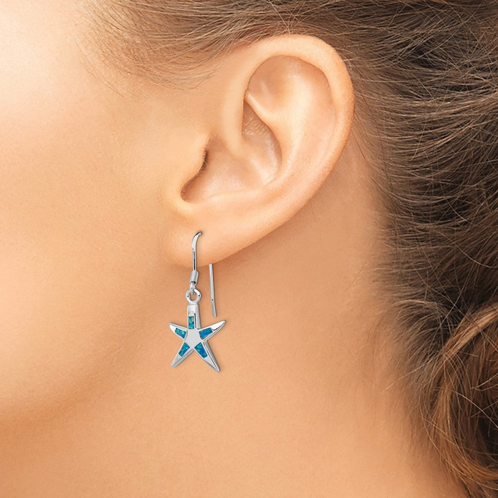 Sterling Silver Rhodium-Plated Polished Created Blue Opal Inlay Starfish Dangle Earrings