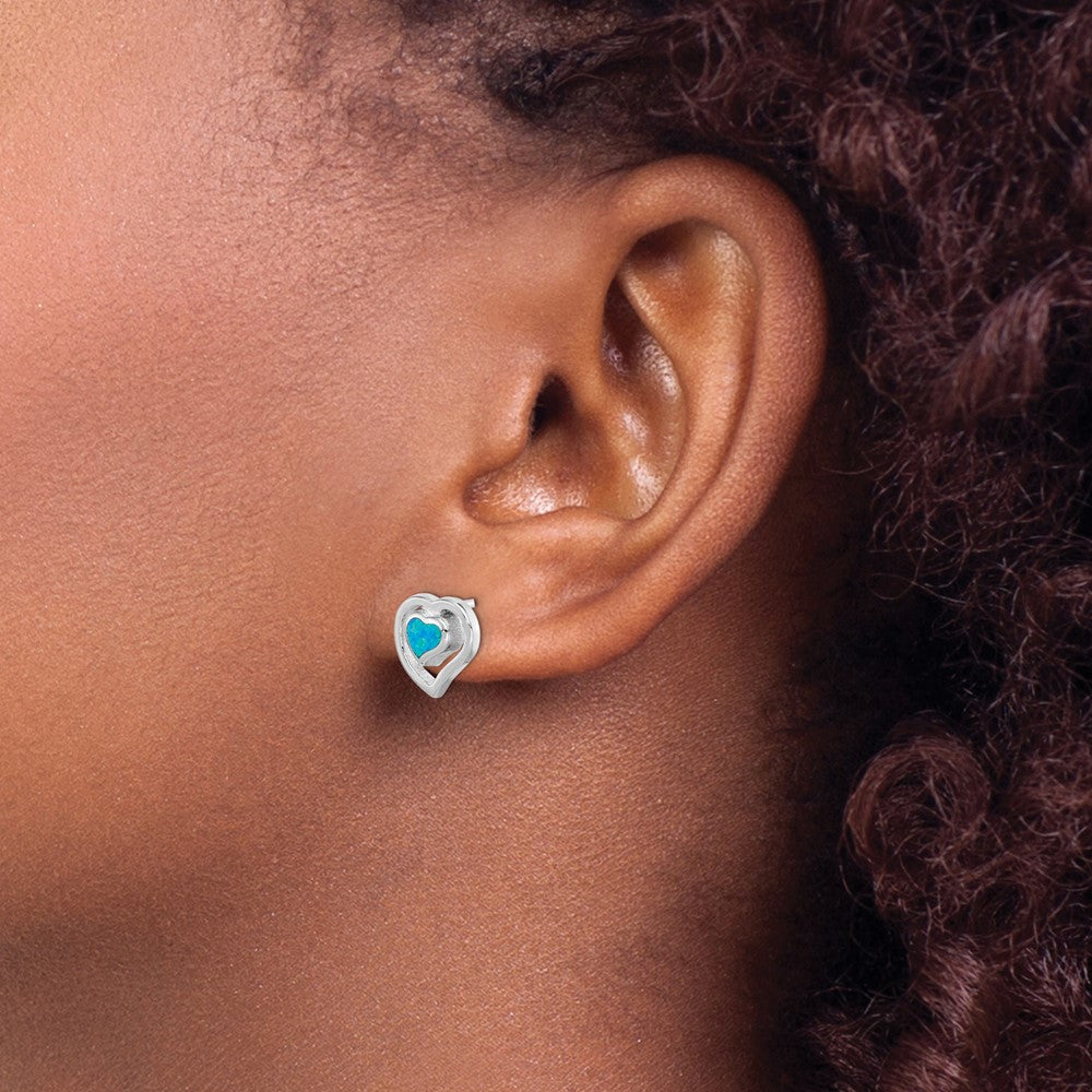 Sterling Silver Rhodium-Plated Created Blue Opal Inlay Heart Post Earrings