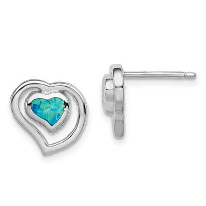 Sterling Silver Rhodium-Plated Created Blue Opal Inlay Heart Post Earrings