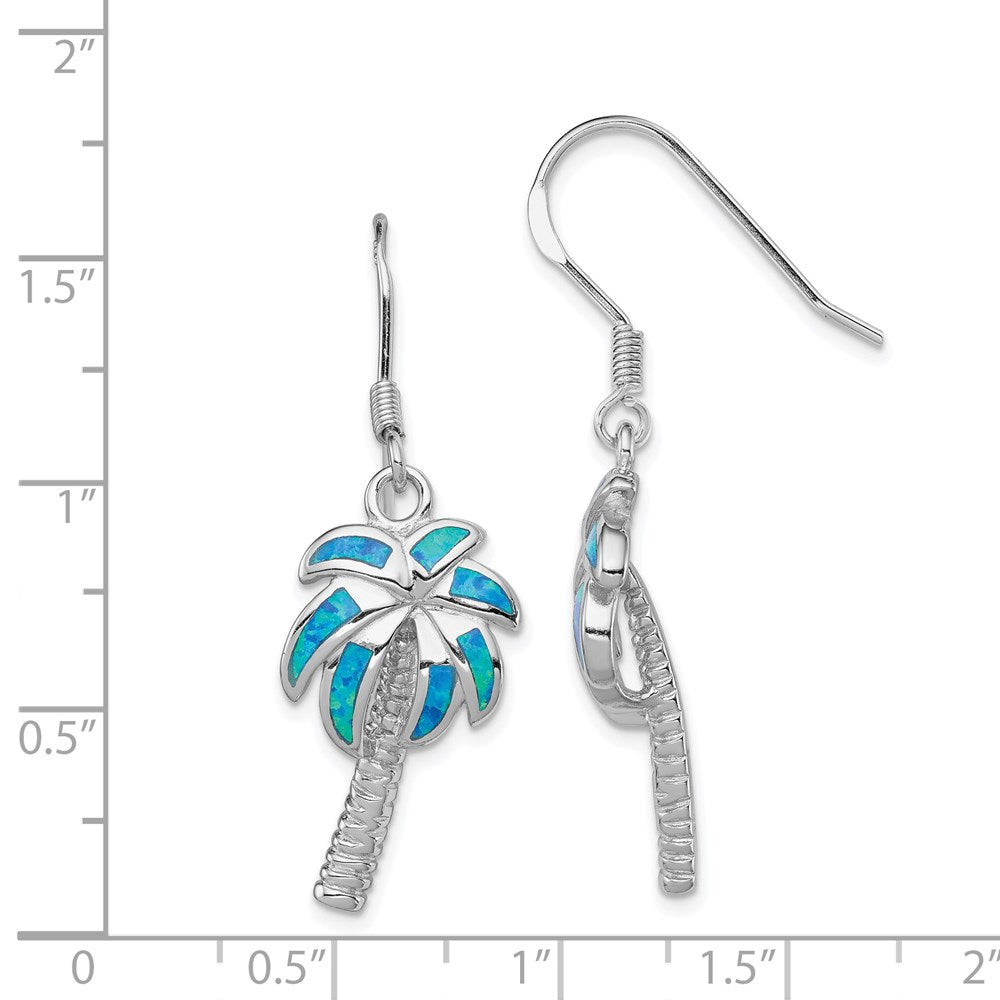 Sterling Silver Rhodium-Plated Created Blue Opal Inlay Palm Tree Dangle Earrings