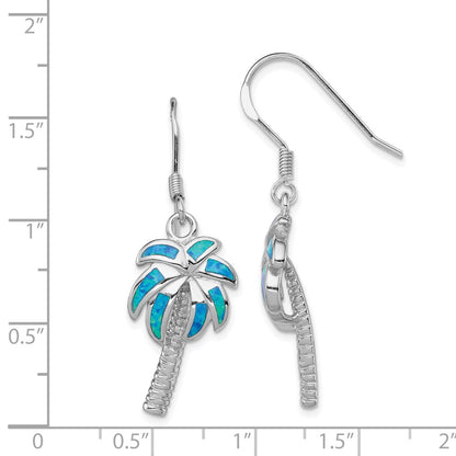 Sterling Silver Rhodium-Plated Created Blue Opal Inlay Palm Tree Dangle Earrings