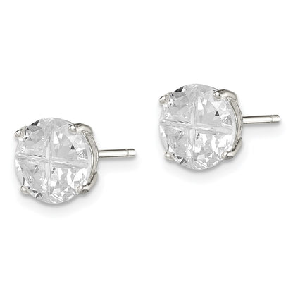 Sterling Silver 8mm Round Basket Set Cross-Cut Cz Stud Earrings