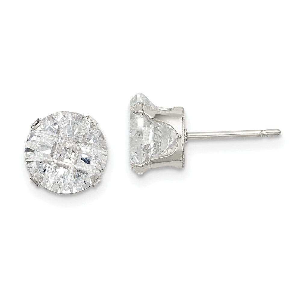 Sterling Silver 8mm Round Snap Set Laser-Cut Cz Stud Earrings