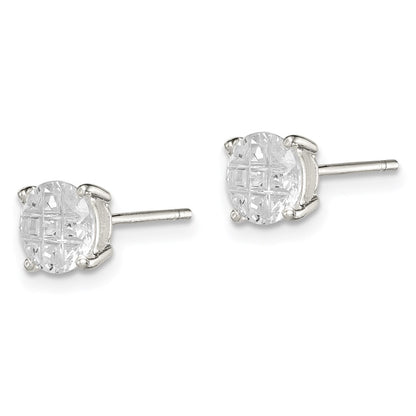 Sterling Silver 6mm Round Basket Set Laser-Cut Cz Stud Earrings