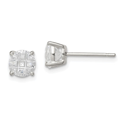 Sterling Silver 6mm Round Basket Set Laser-Cut Cz Stud Earrings