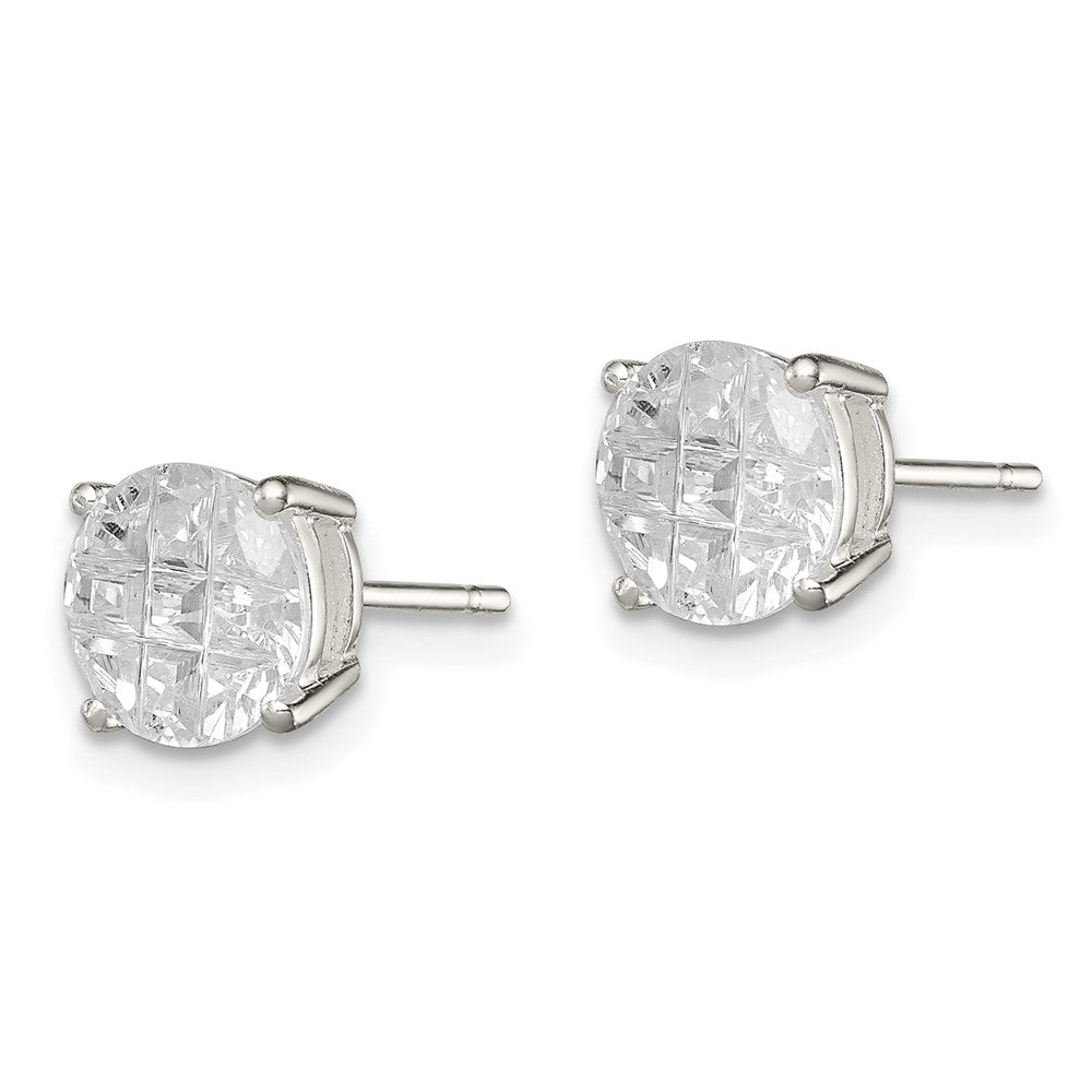 Sterling Silver 7mm Round Basket Set Laser-Cut Cz Stud Earrings