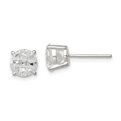 Sterling Silver 7mm Round Basket Set Laser-Cut Cz Stud Earrings