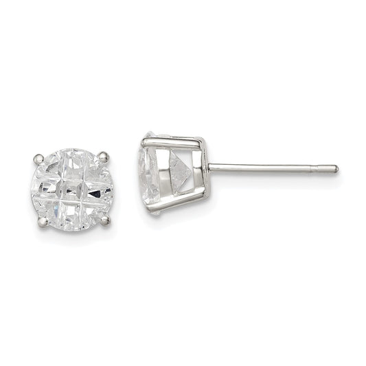 Sterling Silver 7mm Round Basket Set Laser-Cut Cz Stud Earrings