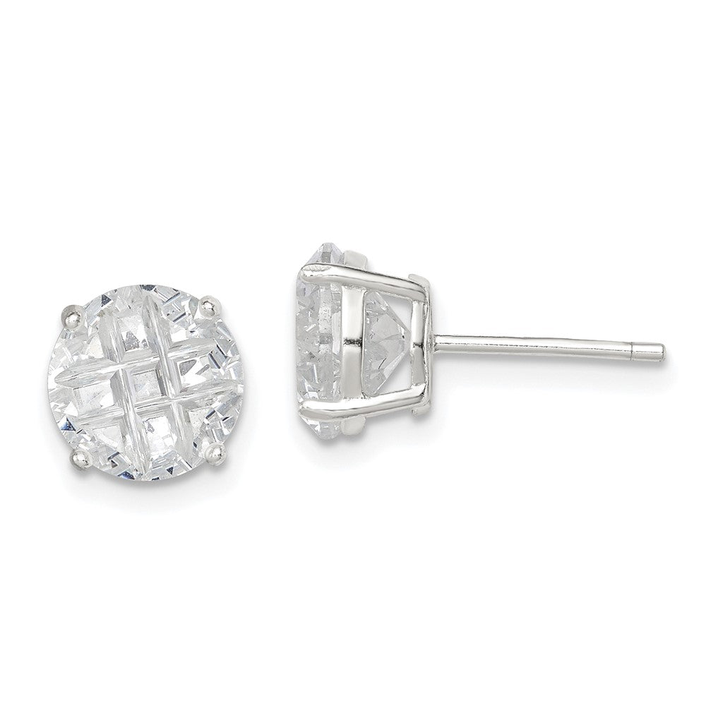 Sterling Silver 8mm Round Basket Set Laser-Cut Cz Stud Earrings