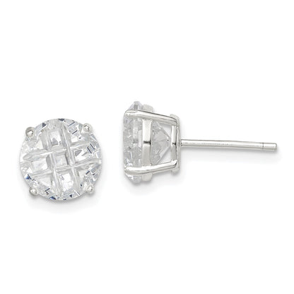 Sterling Silver 8mm Round Basket Set Laser-Cut Cz Stud Earrings