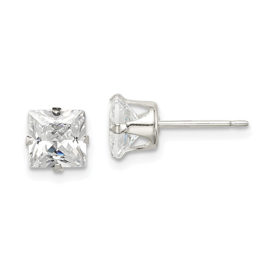Sterling Silver 6mm Square Snap Set Cz Stud Earrings