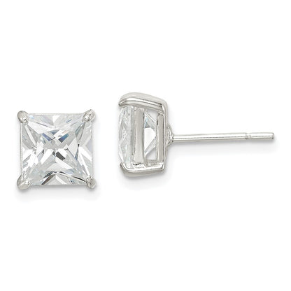Sterling Silver 7mm Square Cz Basket Set Stud Earrings