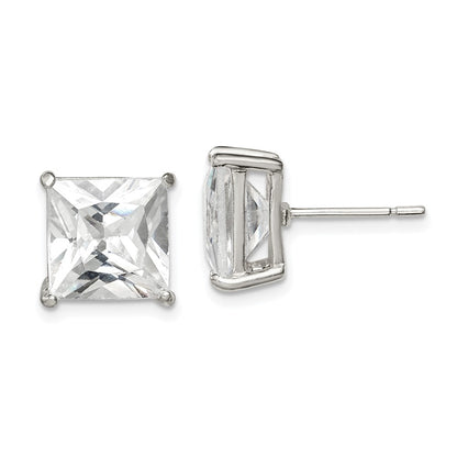 Sterling Silver 10mm Square Cz Basket Set Stud Earrings