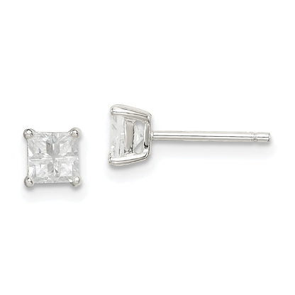 Sterling Silver 4mm Square Cross-Cut Cz Basket Set Stud Earrings